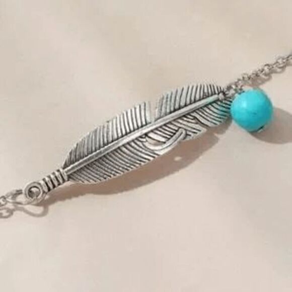 BOHO FEATHER AND TURQUOISE HANGING CHARM BOHO ANKLET - Picture 3 of 5